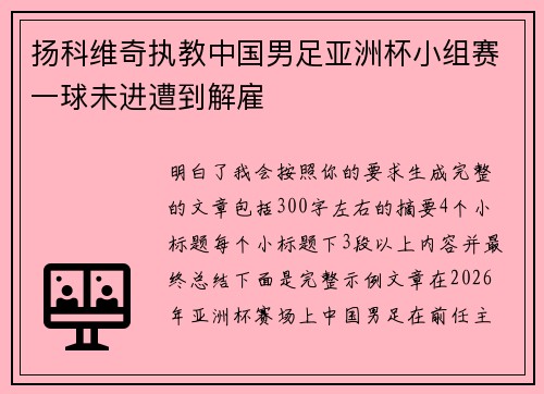 扬科维奇执教中国男足亚洲杯小组赛一球未进遭到解雇